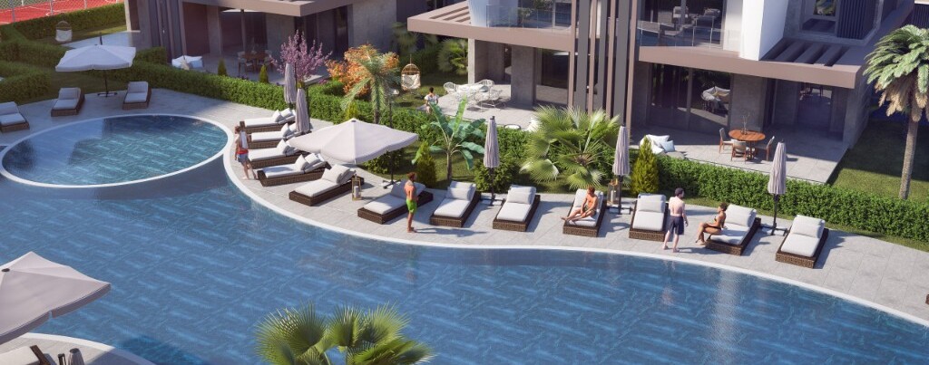 Modern luxury villas for sale in Antalya with swimming pool, contemporary architecture and resort-style gardens